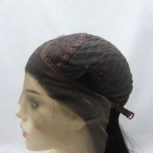 Lace front wig cap construction with adjustable straps and mesh netting.