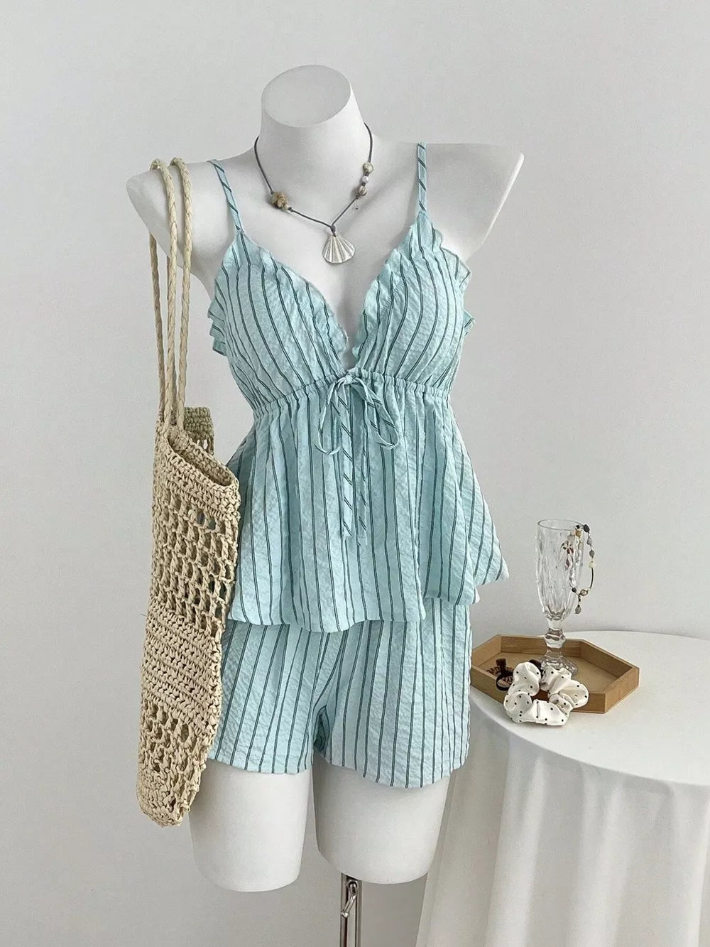 Tie Front Striped Cami And Shorts Set