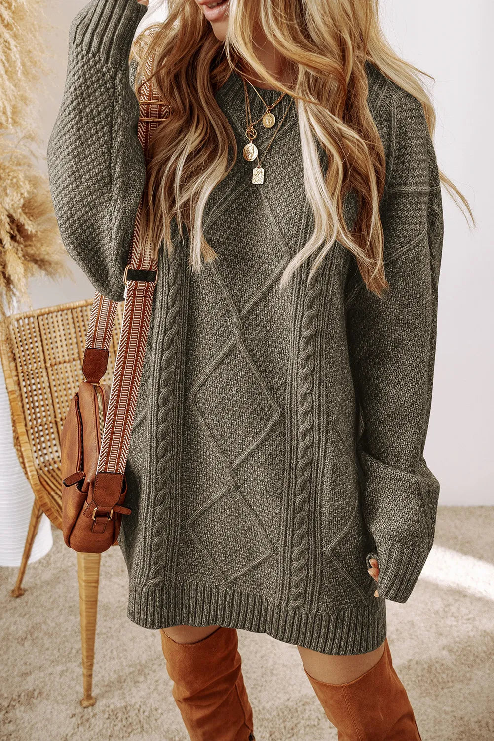 Sage cable knit sweater dress with diamond pattern and crew neck.
