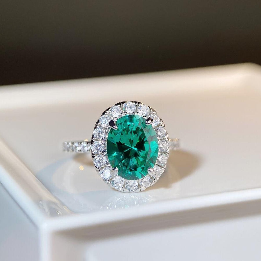 925 Sterling Silver Oval Zircon Ring in Dark Green with oval cut