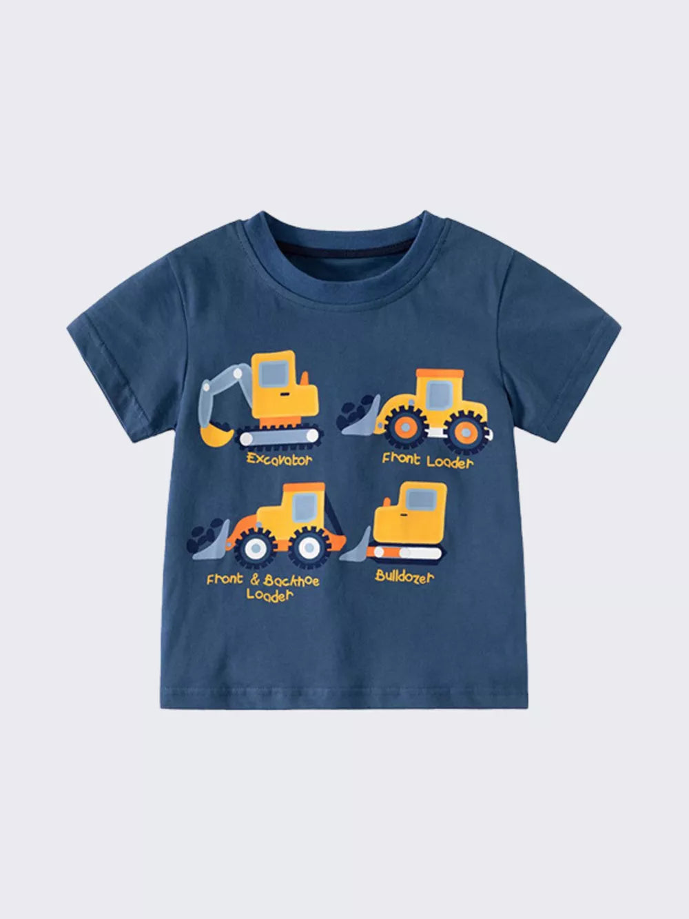 Navy blue t-shirt with playful construction vehicle graphics and text.