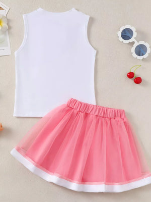 Baby girls' white sleeveless top and pink tulle skirt set with bow detail.