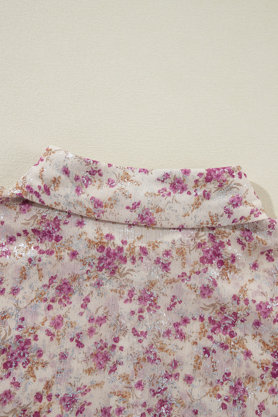 Sequin floral print blouse in dusty pink with a button-down collar.