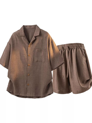 Men's Button-up Short Sleeve Shirt & Shorts Set in Brown