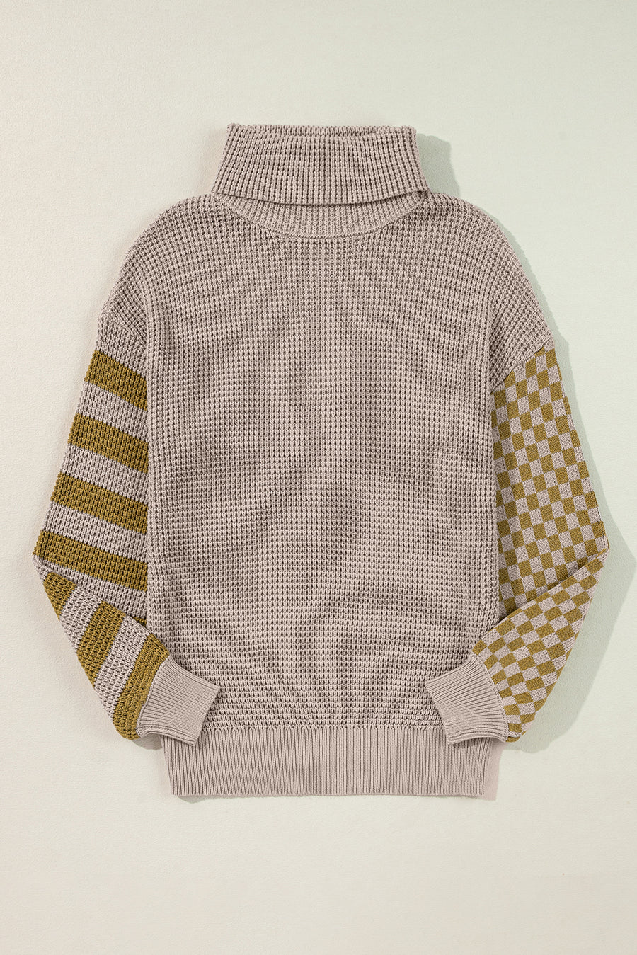 Checkerboard & stripe sleeve knit turtleneck sweater in mocha with a high neck.