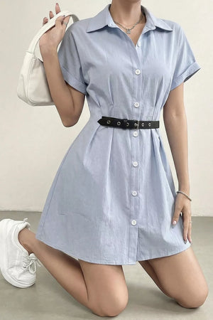 Light Blue with Button Up Short Sleeve Shirt Dress