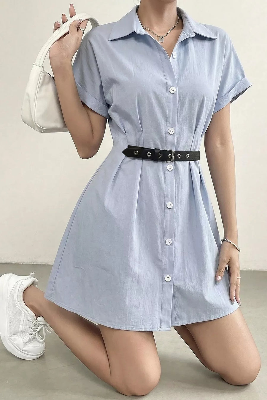 Light Blue with Button Up Short Sleeve Shirt Dress