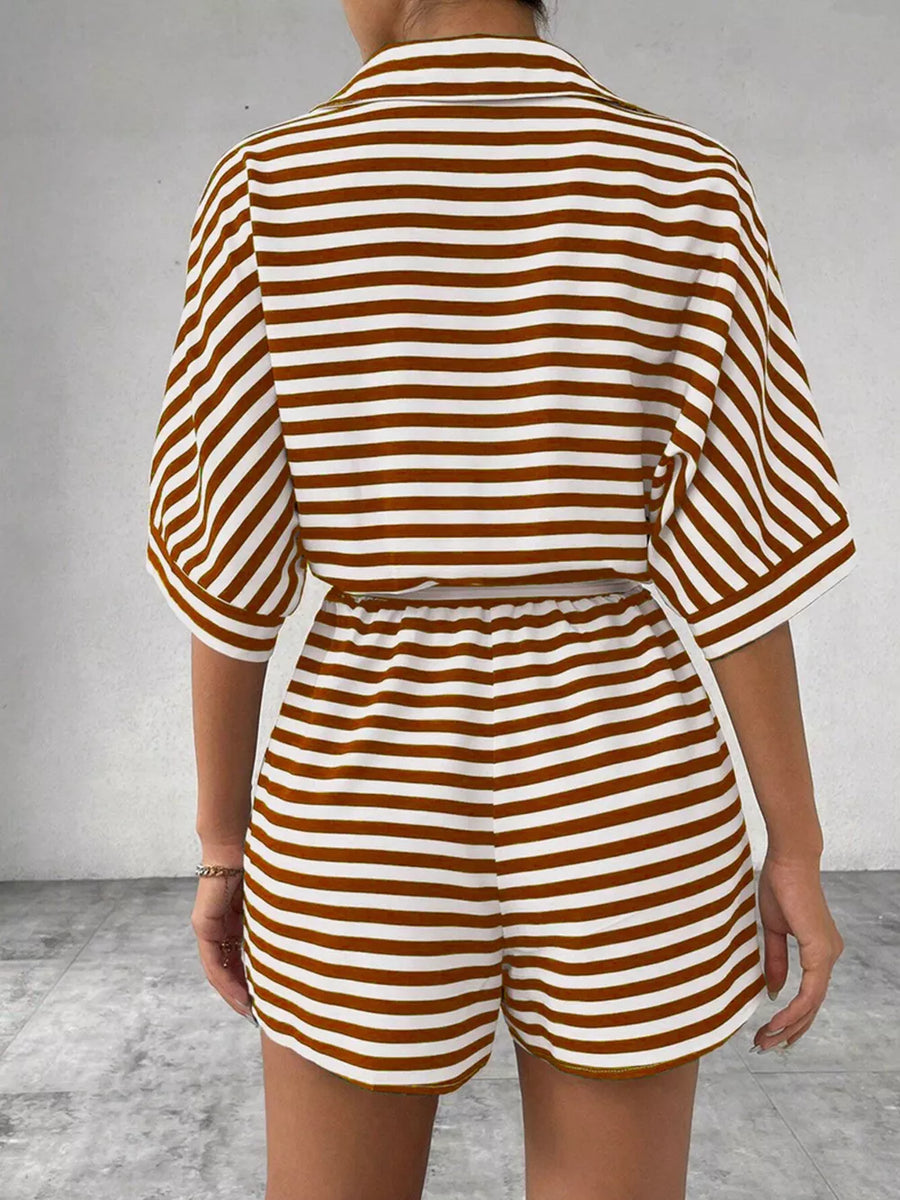 Striped Button Front Half Sleeve Romper in Dark Blue, view 14
