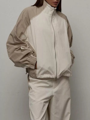 White Color Block Zip Up Outerwear And Pants Set