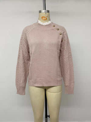 blush pink mock neck sweater with pullover and openwork