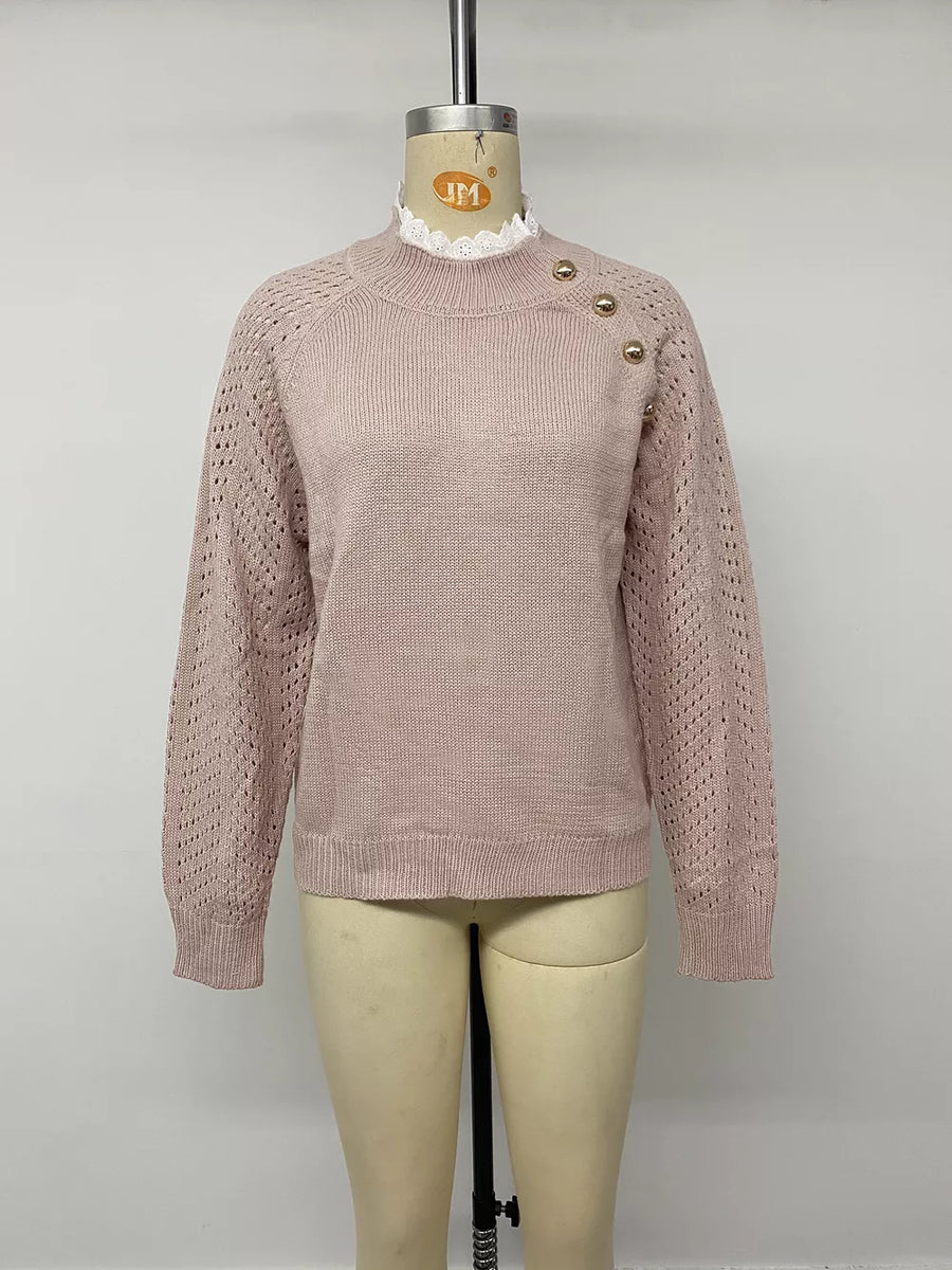 blush pink mock neck sweater with pullover and openwork