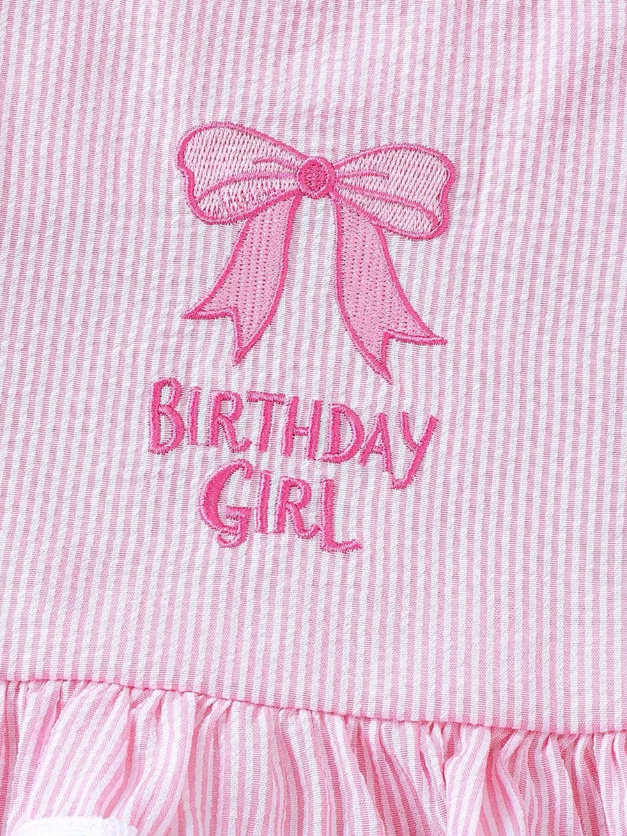 Pink striped cotton baby outfit with embroidered bow and "Birthday Girl" text.