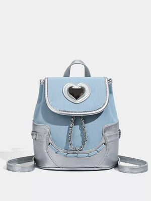 Charming blue mini backpack with silver heart flap and chain detail.