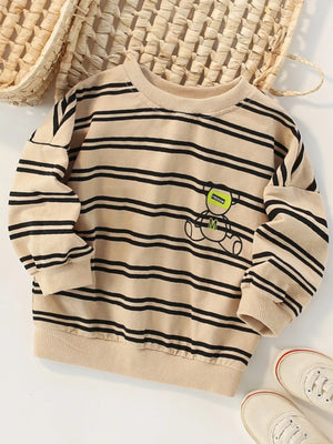 Tan striped crew neck sweatshirt with a bear graphic.