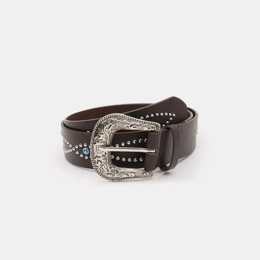 Coffee brown faux leather belt with silver studs and turquoise accents, featuring an antique buckle.