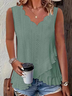 V-neck Eyelet Ruffled Tank Top in Yellow