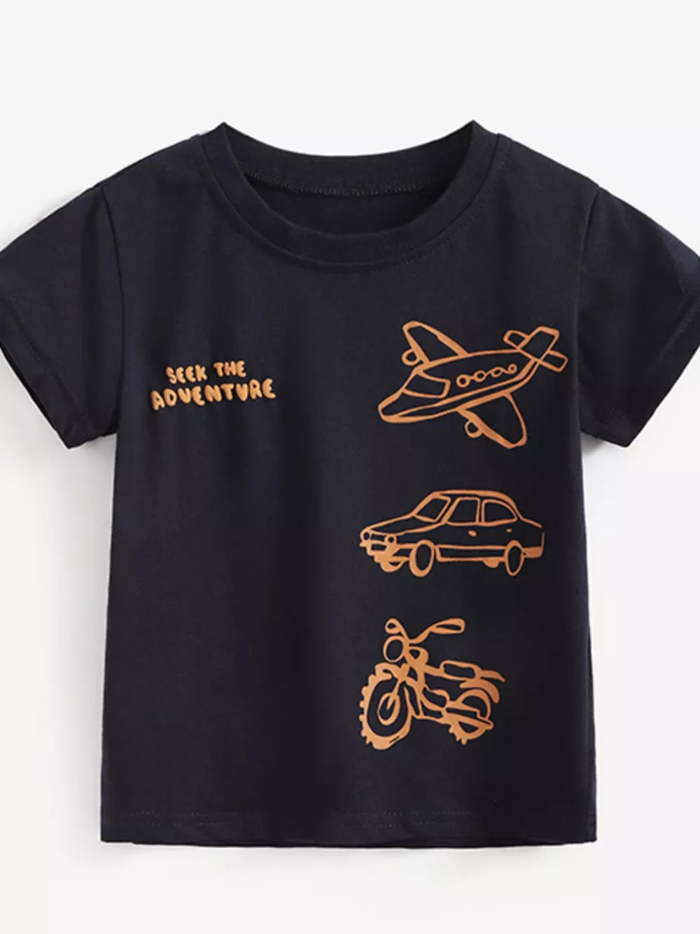 Navy toddler t-shirt with airplane, car, and motorcycle graphics and "Seek the Adventure" text.