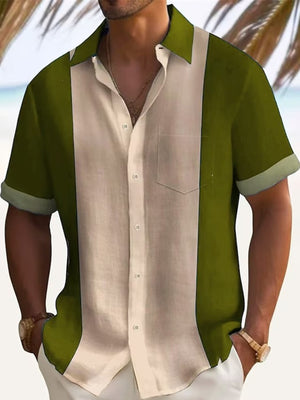 Men's short sleeve button-down shirt in color block Grass Green and beige cotton with chest pocket.
