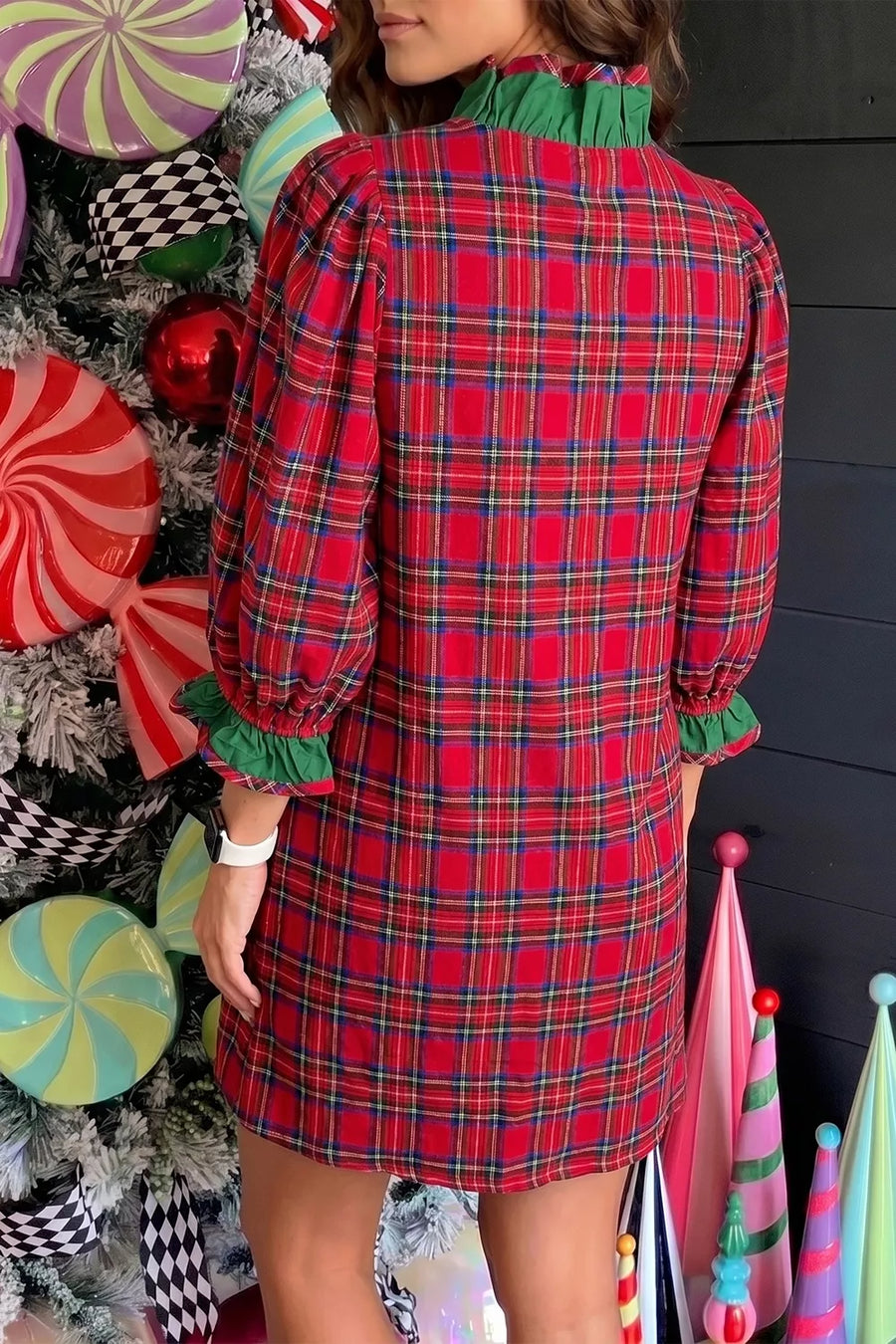 Plaid Ruffle Cuff Button Front Mini Dress in Deep Red