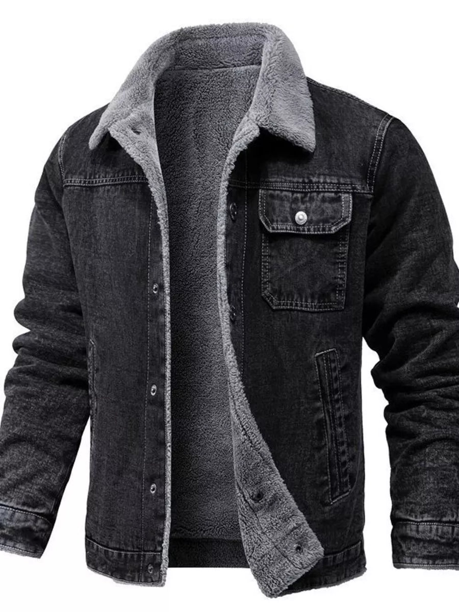 Black denim jacket with sherpa lining and collar, button-up front, chest pockets.