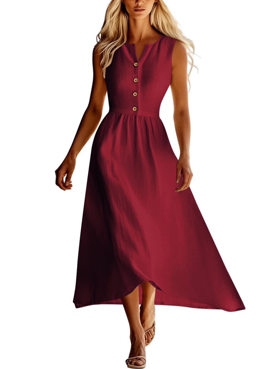 Burgundy button front flowy midi dress with V-neck and sleeveless design.