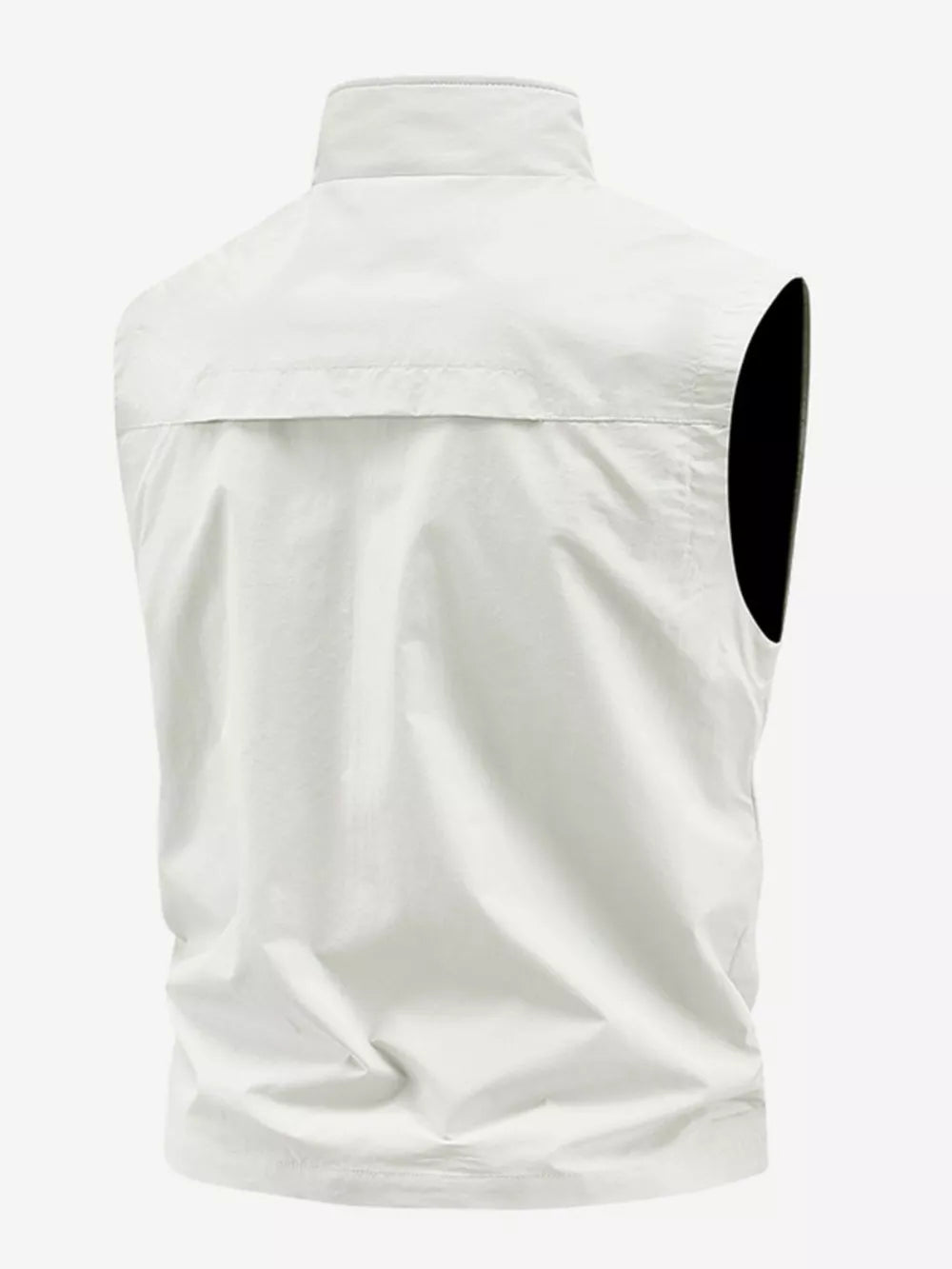 Men's white multi-pocket outdoor vest with stand collar and yoke detail.