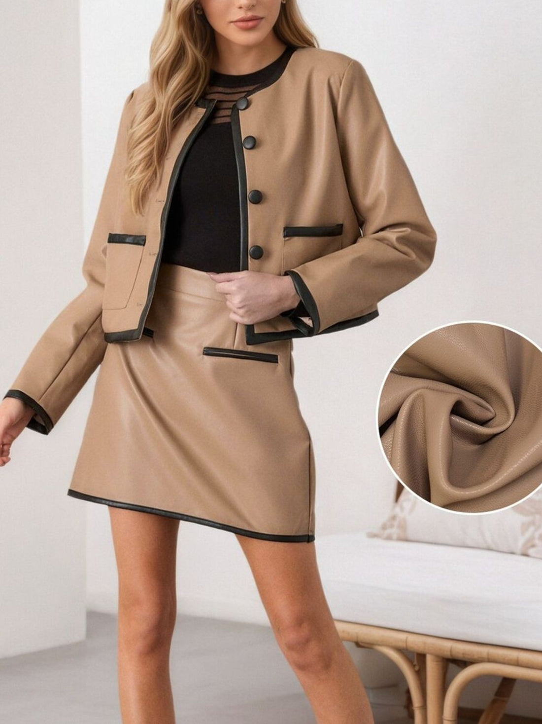 skirt set in camel featuring buttoned and boxy fit
