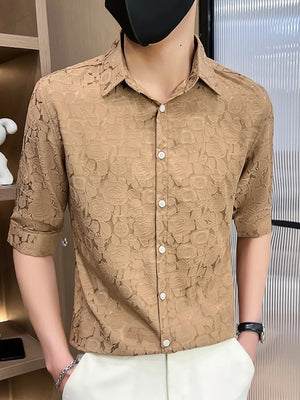 Camel floral jacquard short sleeve button-up men's shirt