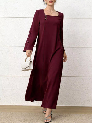 Maroon maxi dress with square neck, flare sleeves, and decorative buttons.