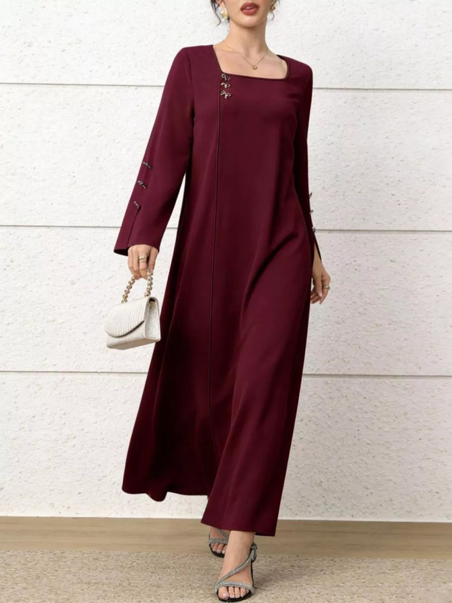 Maroon maxi dress with square neck, flare sleeves, and decorative buttons.