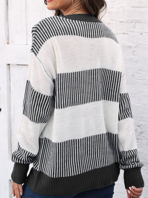 Striped Color Block Crew Neck Sweater Plus Size in Peacock Blue with stretch