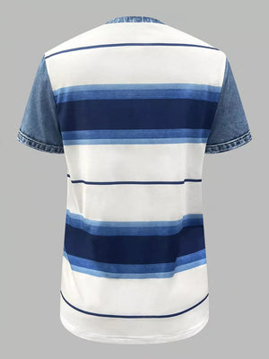 Denim patchwork blouse with blue and white horizontal stripes and short sleeves.