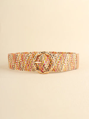 Woven raffia belt with multicolor flecks and a sculpted gold buckle.