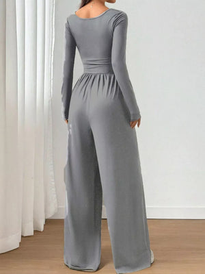 Dark Gray Ruched Square Neck Wide-leg Jumpsuit
