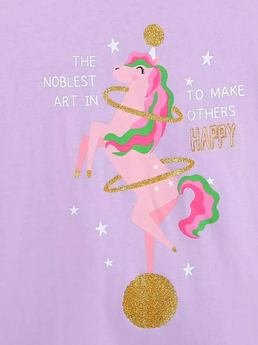 Lavender cotton spandex t-shirt with pink unicorn graphic and gold glitter accents.