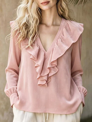 blouse in Dark Navy with ruffled and hip-length
