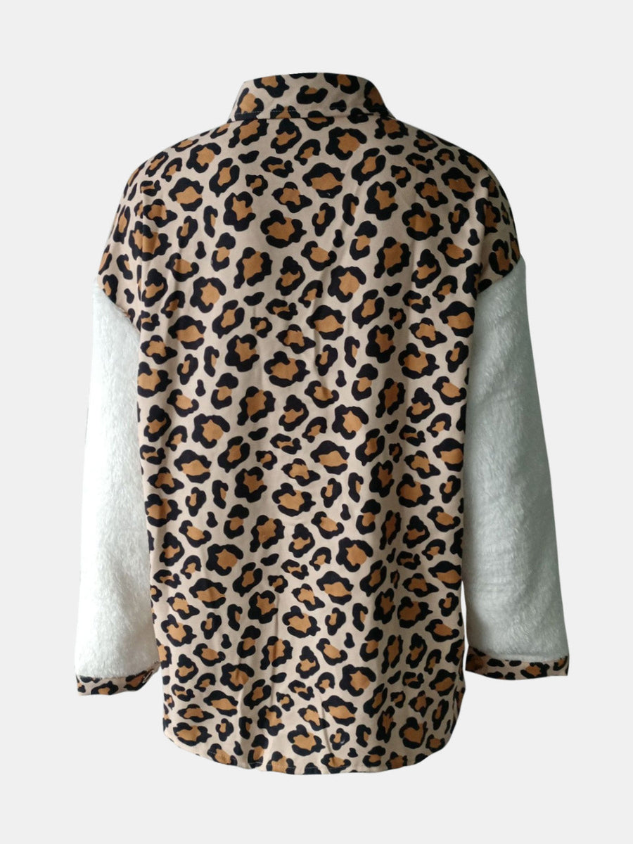 Plaid & Sherpa Hybrid Shacket in Leopard with cream sherpa sleeves.