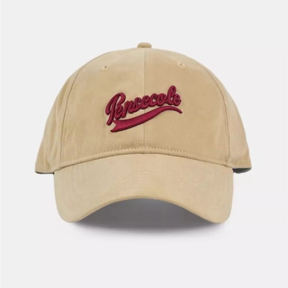 Khaki vintage washed cotton baseball cap with embroidered red script logo.
