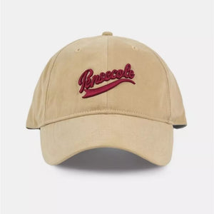 Khaki vintage washed cotton baseball cap with embroidered red script logo.
