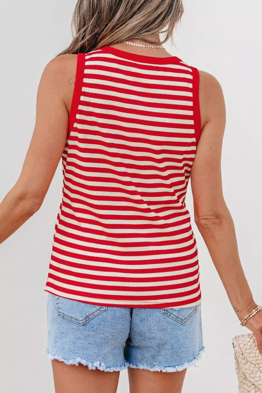 Red and cream striped ribbed knit tank top with button detail