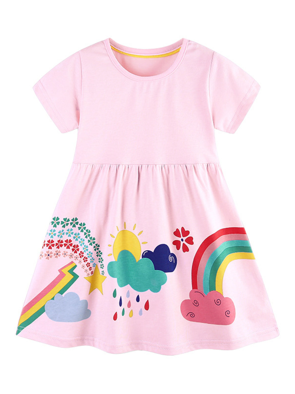 Pink cotton toddler dress with rainbow, sun, clouds, and lightning print.