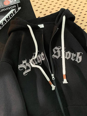 Black zip up hoodie with white drawstring and gothic text graphic