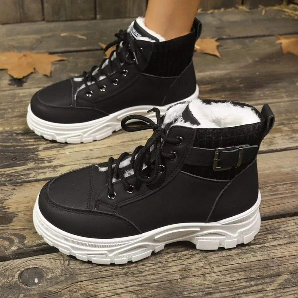 Black lace-up boots with plush lining and buckle accent.