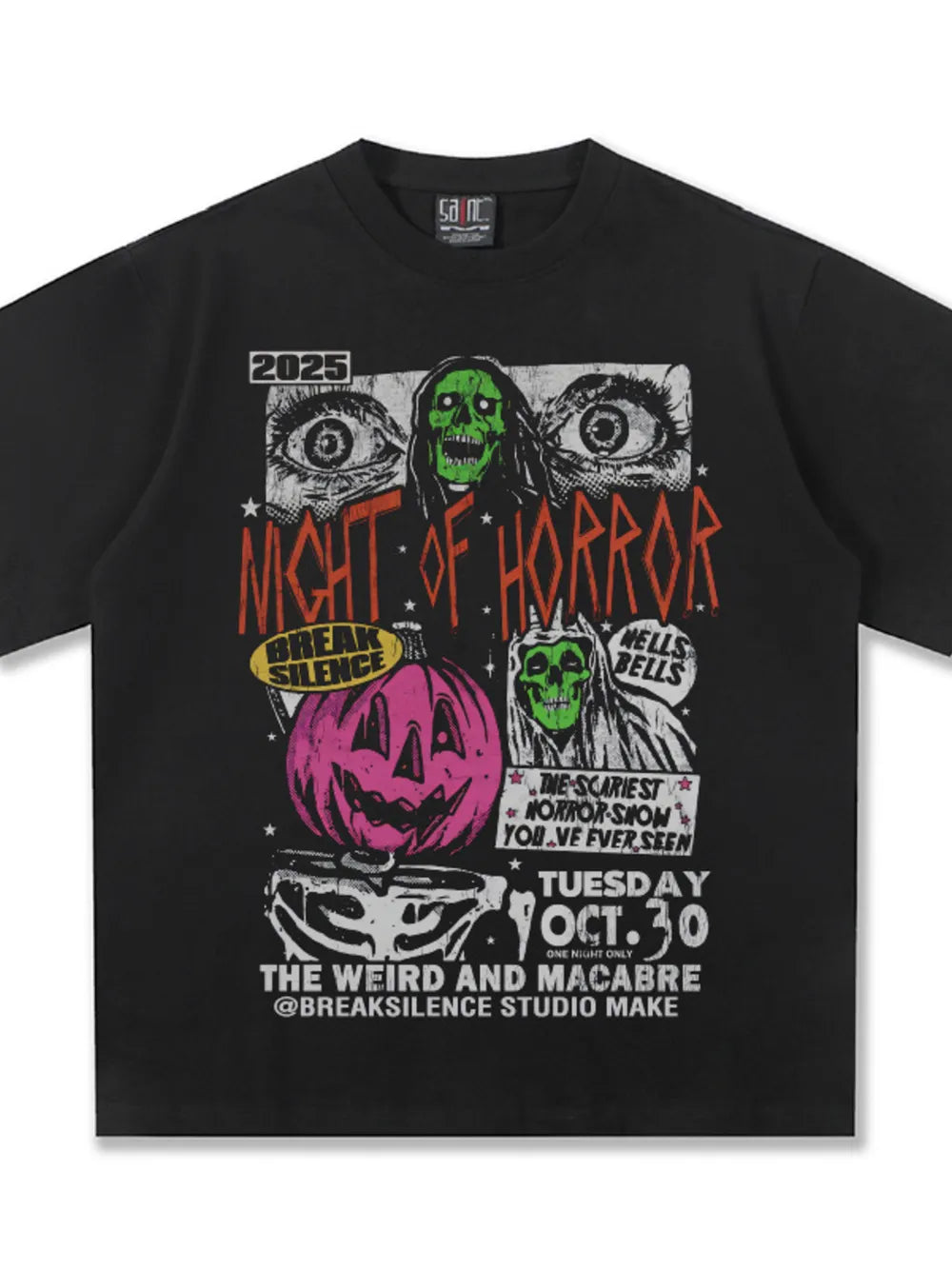 Black cotton t-shirt with vintage horror graphic featuring skulls, eyes, and a pumpkin.