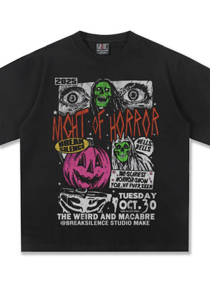 Black cotton t-shirt with vintage horror graphic featuring skulls, eyes, and a pumpkin.