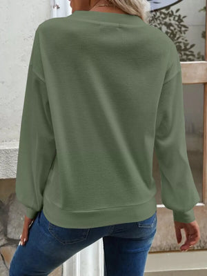Black Casual V-neck Waffle Long Sleeve Top