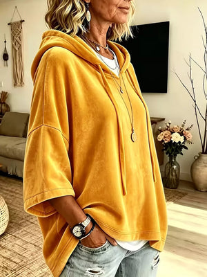 Blue Velvet Loose Fit Hoodie With Drawstring