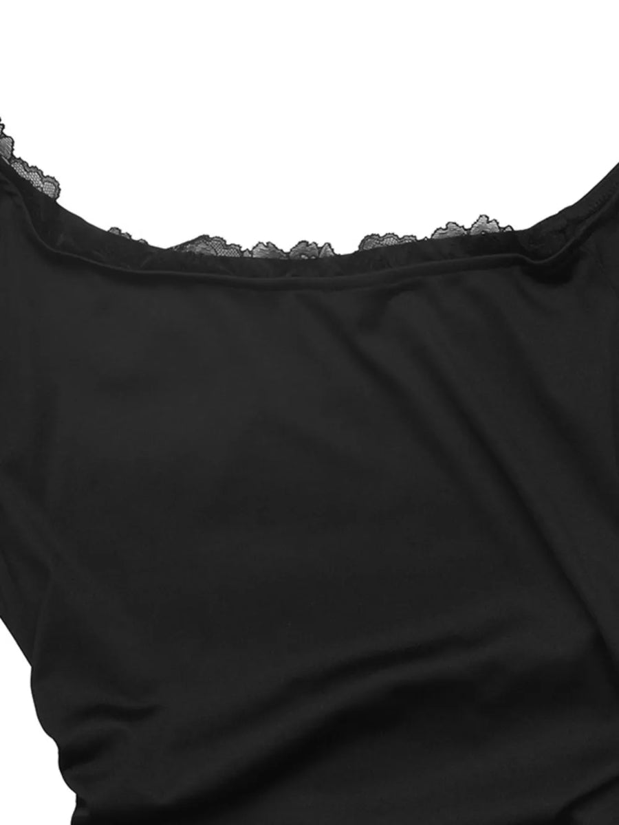 One-shoulder Lace Trim Slim Fit T-shirt in Black with lace trim