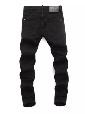 Black slim fit cotton jeans with two back pockets and a leather logo patch.