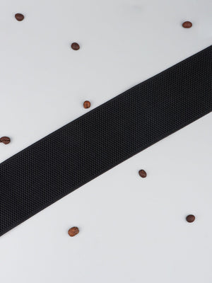 Black elastic belt with textured weave and gold hardware detail